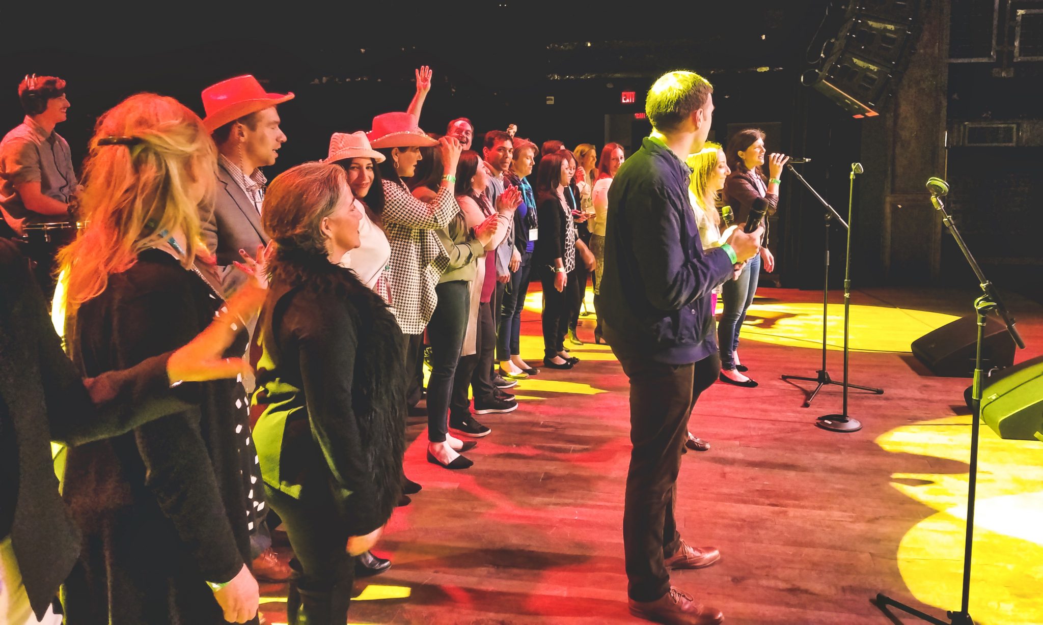 Musicians reviewing the setlist during a live band karaoke gig